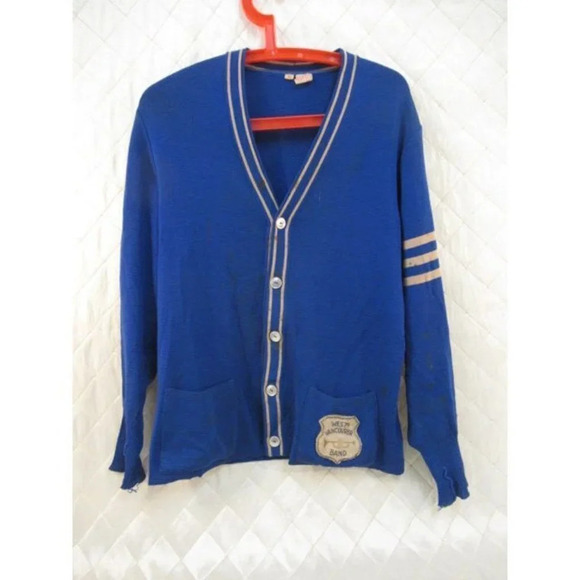 Letterman's Sweater Blue Wool Cardigan West Vancouver Band Knit BC Canada - Picture 2 of 10